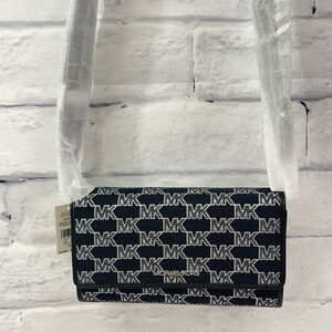 Michael Kors Large Zip Around Wallet Crossbody Bag Silver Black Metallic Logo